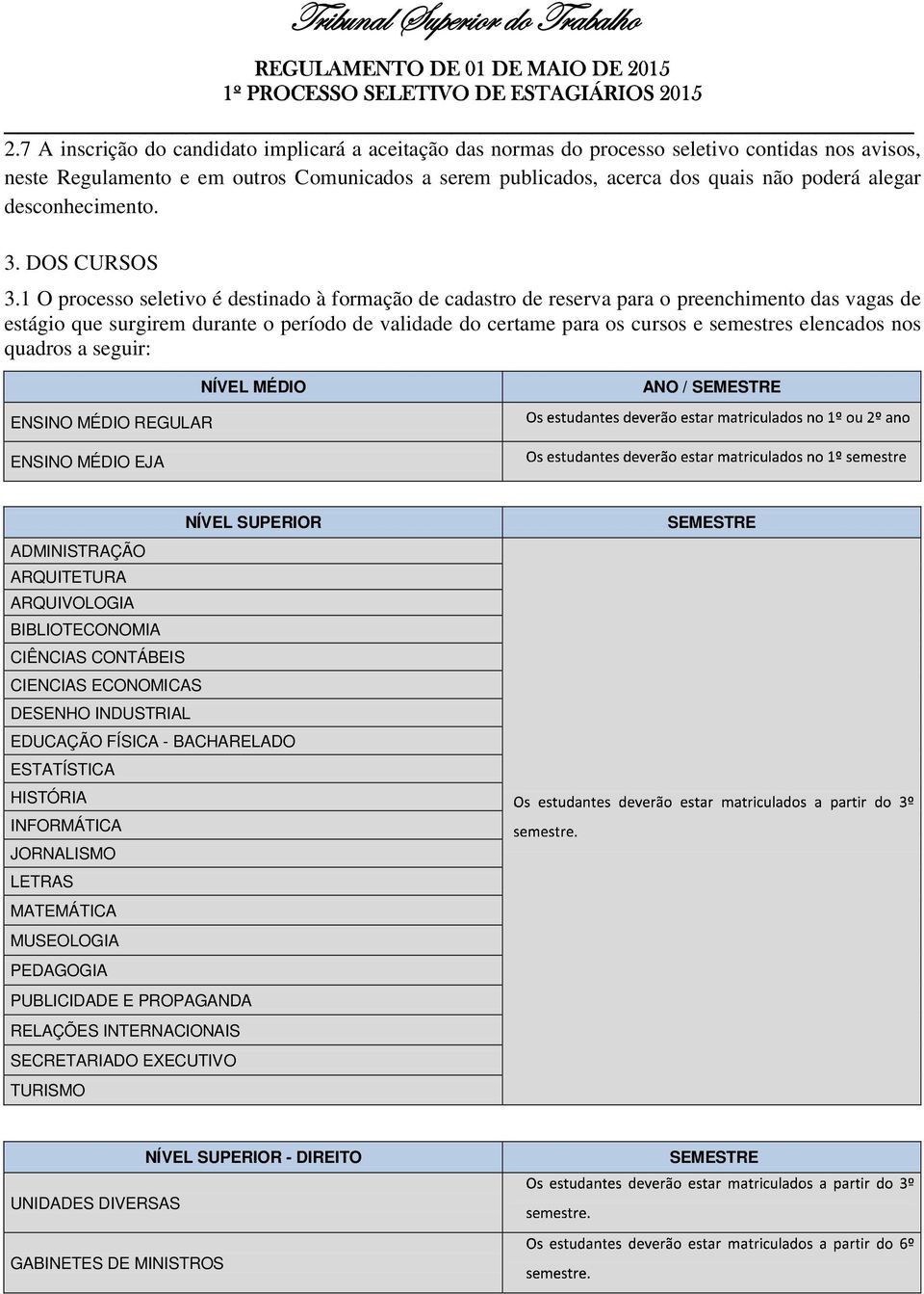 1 O processo seletivo é destinado à formação de cadastro de reserva para o preenchimento das vagas de estágio que surgirem durante o período de validade do certame para os cursos e semestres