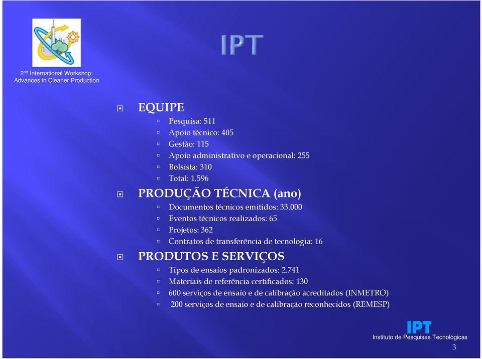 000 Eventos técnicos realizados: 65 Projetos: 362 Contratos de transferência de tecnologia: 16 PRODUTOS E SERVIÇOS Tipos de