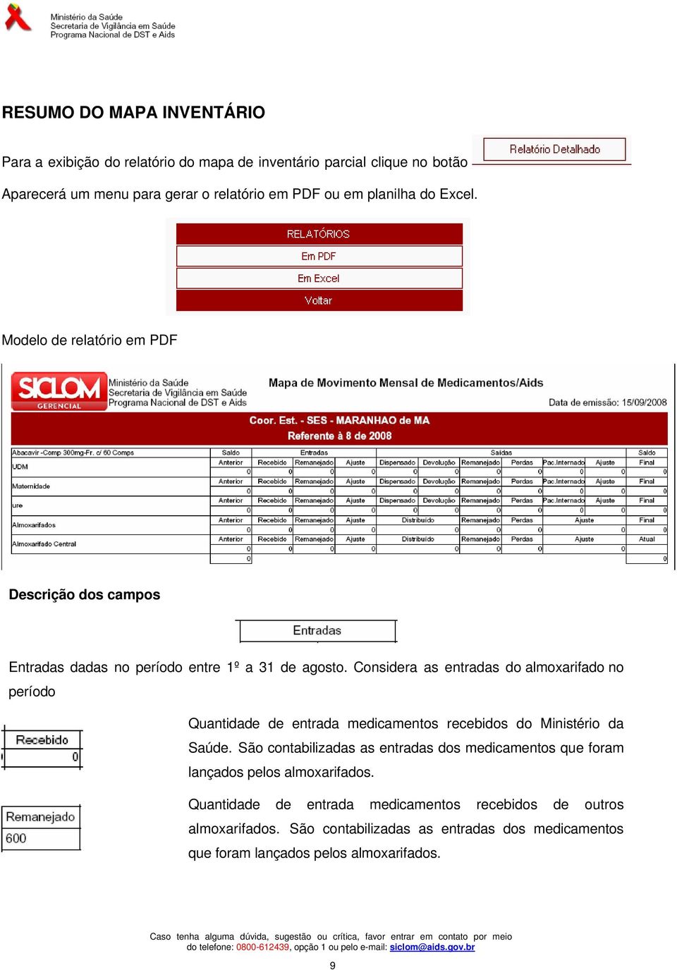 Considera as entradas do almoxarifado no período Quantidade de entrada medicamentos recebidos do Ministério da Saúde.