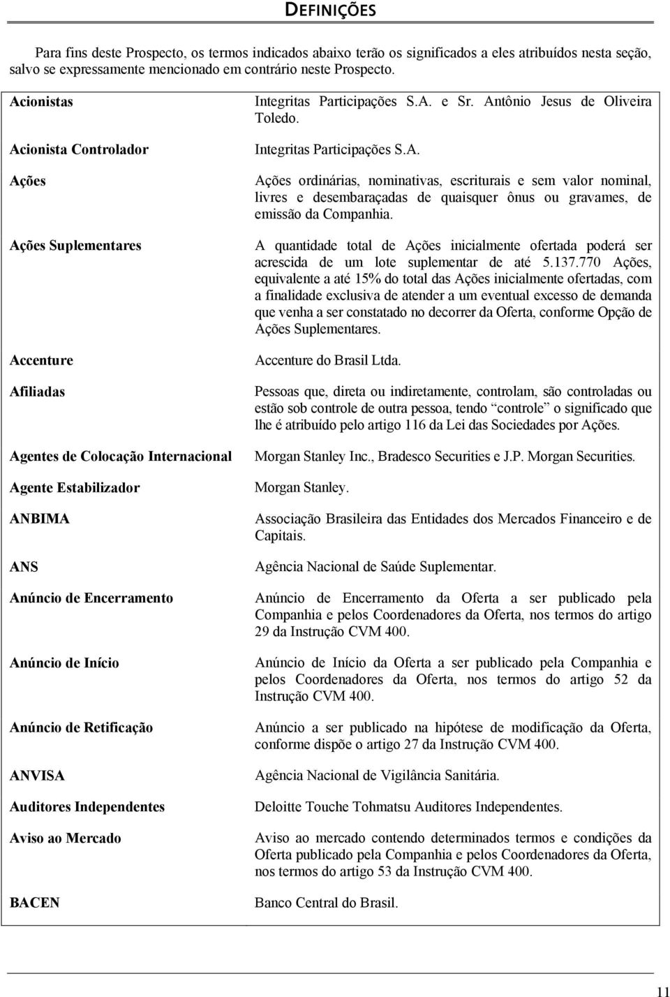 Retificação ANVISA Auditores Independentes Aviso ao Mercado BACEN Integritas Participações S.A. e Sr. Antônio Jesus de Oliveira Toledo. Integritas Participações S.A. Ações ordinárias, nominativas, escriturais e sem valor nominal, livres e desembaraçadas de quaisquer ônus ou gravames, de emissão da Companhia.