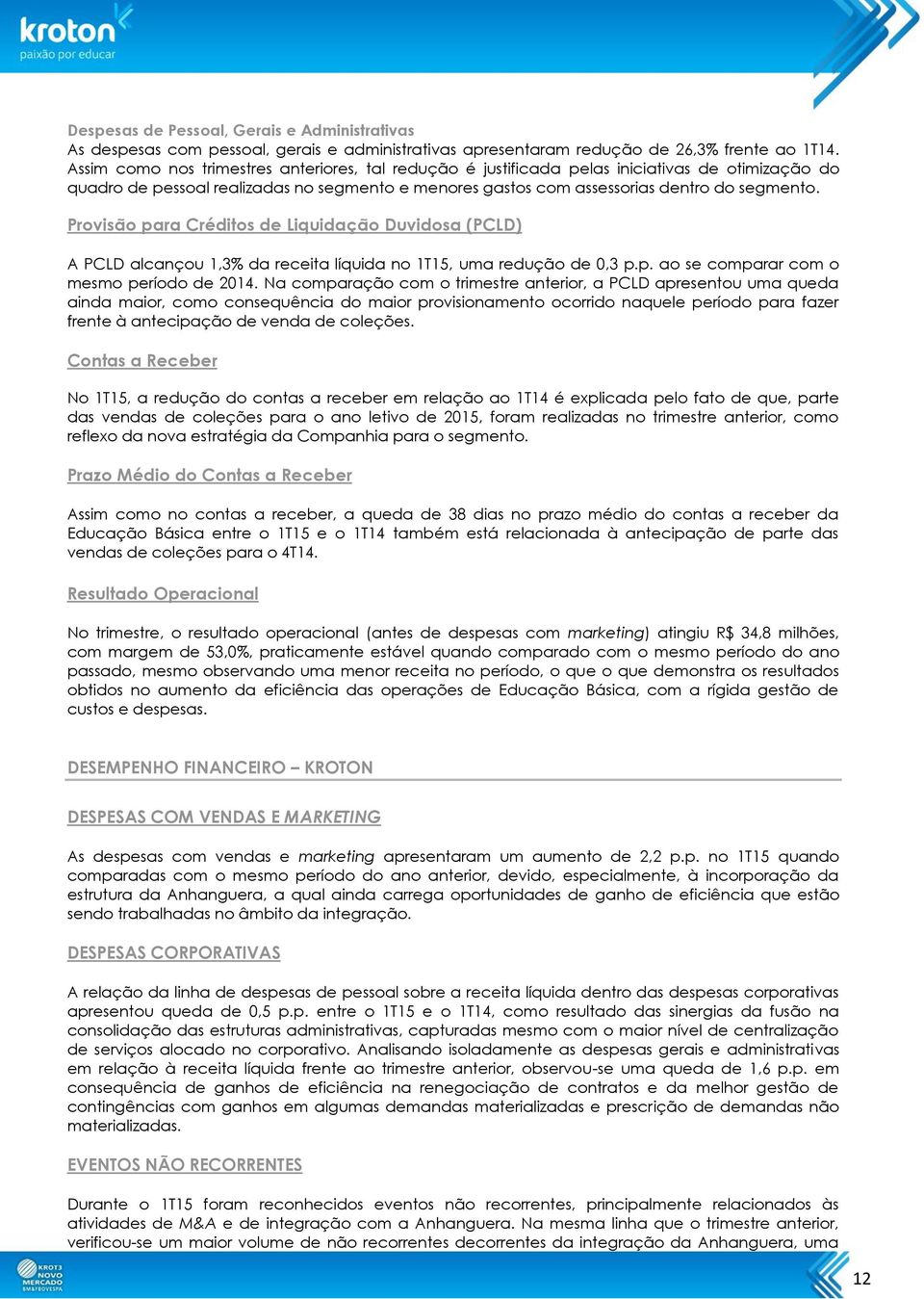 Provisão para Créditos de Liquidação Duvidosa (PCLD) A PCLD alcançou 1,3% da receita líquida no 1T15, uma redução de 0,3 p.p. ao se comparar com o mesmo período de 2014.