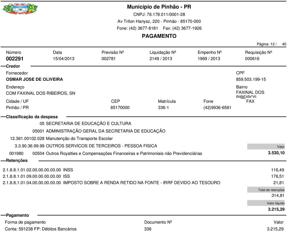 199-15 001980 00504 Outros Royalties e Compensações Financeiras e Patrimoniais não Previdenciárias 2.1.8.8.1.01.04.00.00.00.00.00 IMPOSTO SOBRE A RENDA RETIDO NA FONTE - IRRF DEVIDO AO TESOURO 3.