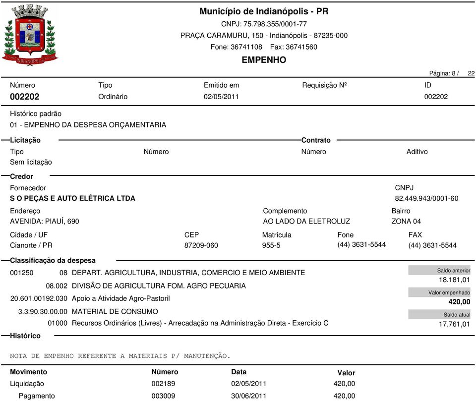 002 DIVISÃO DE AGRICULTURA FOM. AGRO PECUARIA 20.601.00192.030 Apoio a Atividade Agro-Pastoril 3.3.90.30.00.00 MATERIAL DE CONSUMO 01000 Recursos Ordinários (Livres) - Arrecadação na Administração Direta - Exercício C 18.