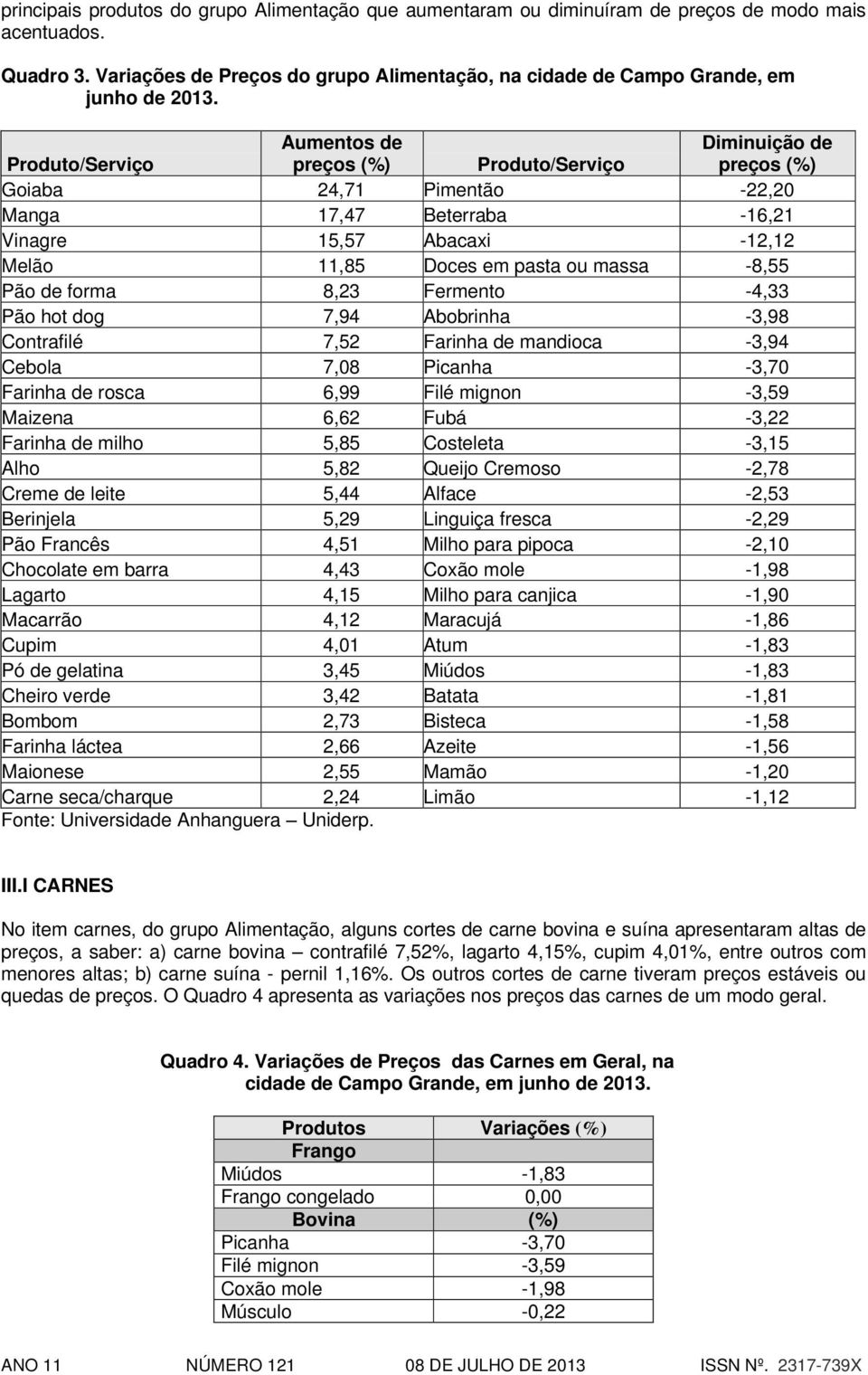 Goiaba 24,71 Pimentão -22,20 Manga 17,47 Beterraba -16,21 Vinagre 15,57 Abacaxi -12,12 Melão 11,85 Doces em pasta ou massa -8,55 Pão de forma 8,23 Fermento -4,33 Pão hot dog 7,94 Abobrinha -3,98