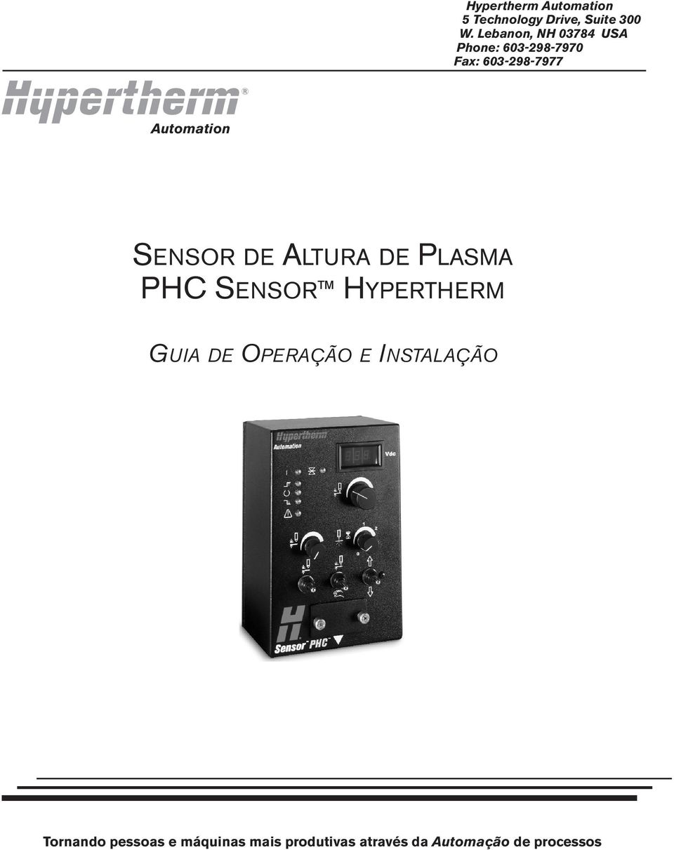 SENSOR DE ALTURA DE PLASMA PHC SENSOR HYPERTHERM GUIA DE OPERAÇÃO E