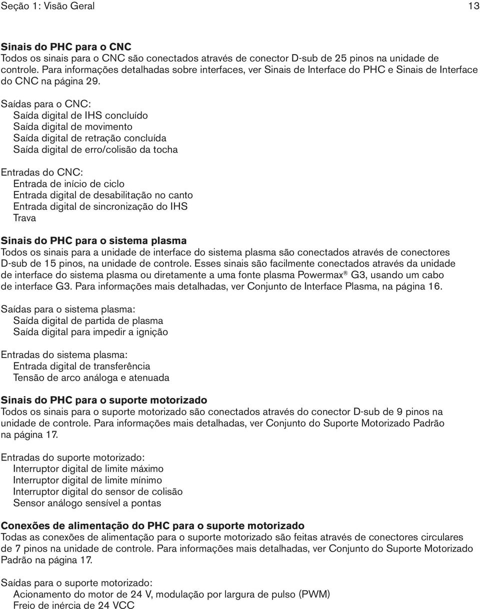 Saídas para o CNC: Saída digital de IHS concluído Saída digital de movimento Saída digital de retração concluída Saída digital de erro/colisão da tocha Entradas do CNC: Entrada de início de ciclo