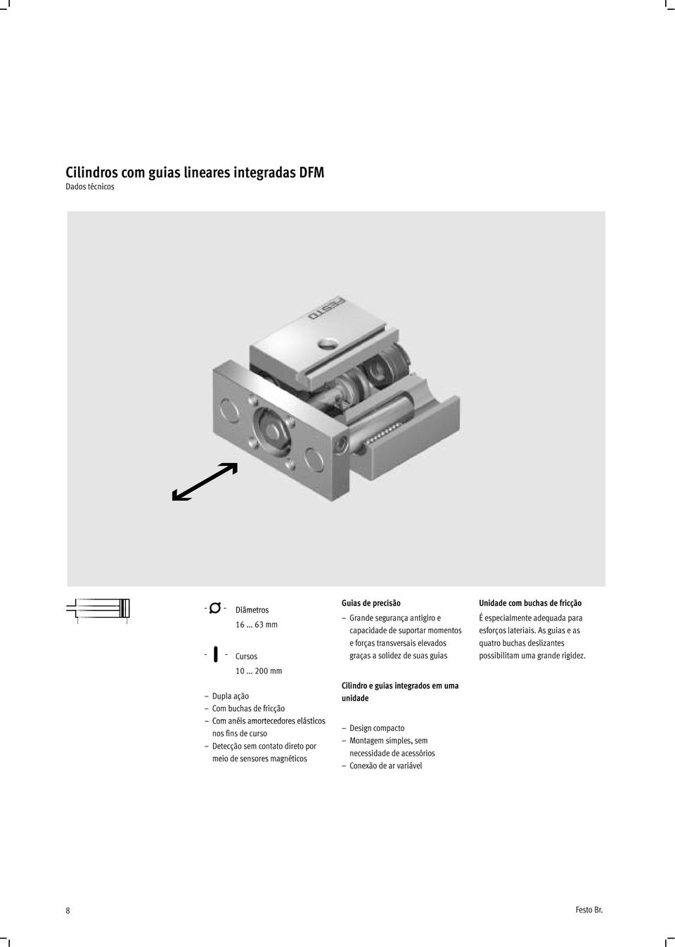 precisão Grande segurança antigiro e capacidade de suportar momentos e forças transversais elevados graças a solidez de suas guias Cilindro e guias integrados em uma