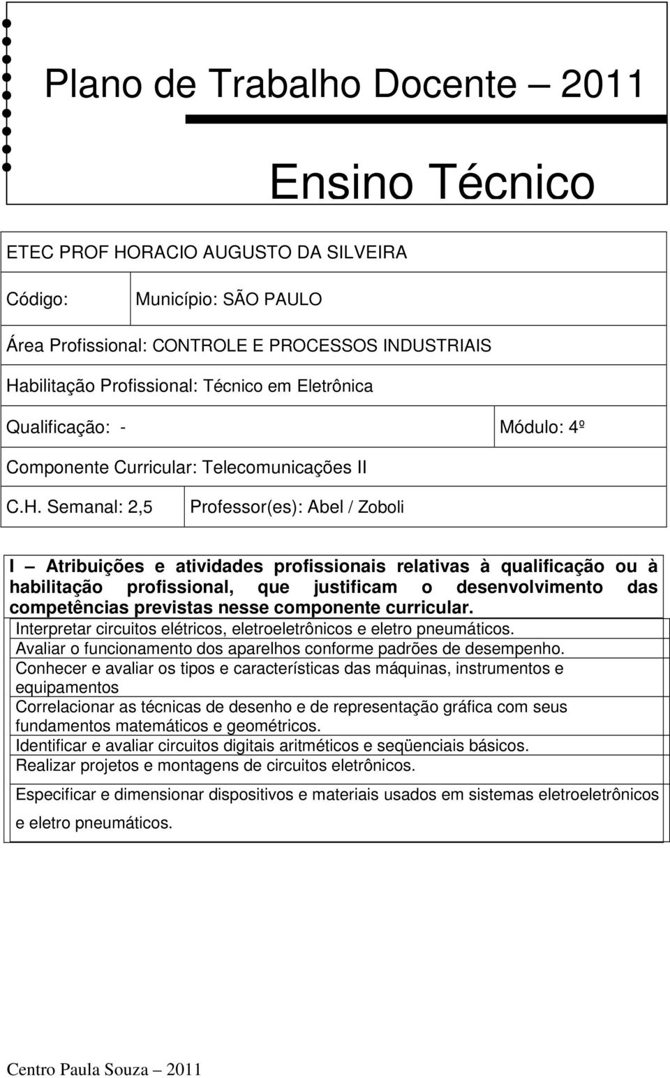 Semanal: 2,5 Professor(es): Abel / Zoboli I Atribuições e atividades profissionais relativas à qualificação ou à habilitação profissional, que justificam o desenvolvimento das competências previstas