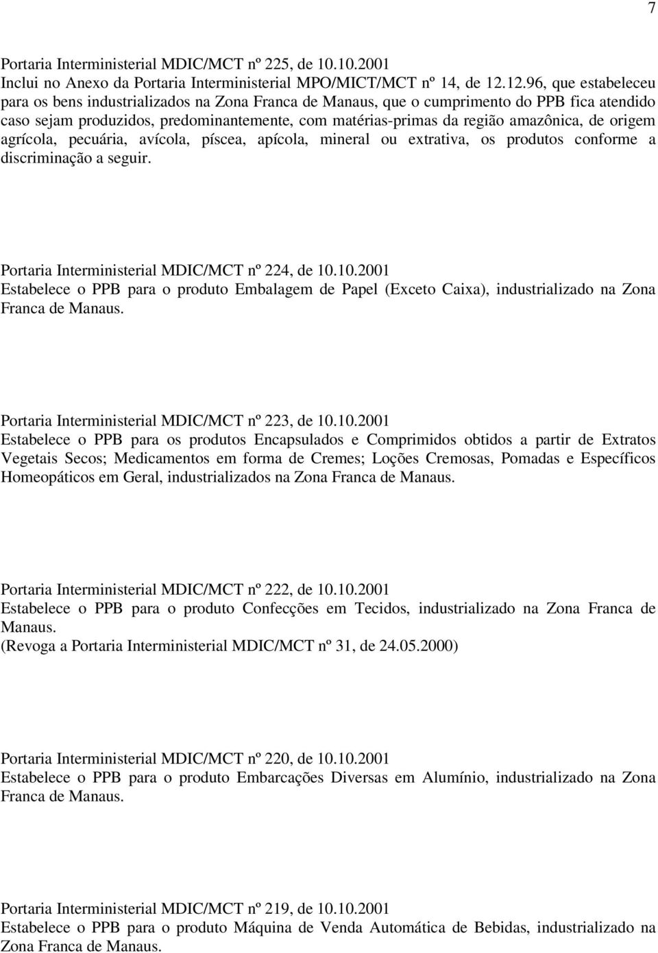 amazônica, de origem agrícola, pecuária, avícola, píscea, apícola, mineral ou extrativa, os produtos conforme a discriminação a seguir. Portaria Interministerial MDIC/MCT nº 224, de 10.