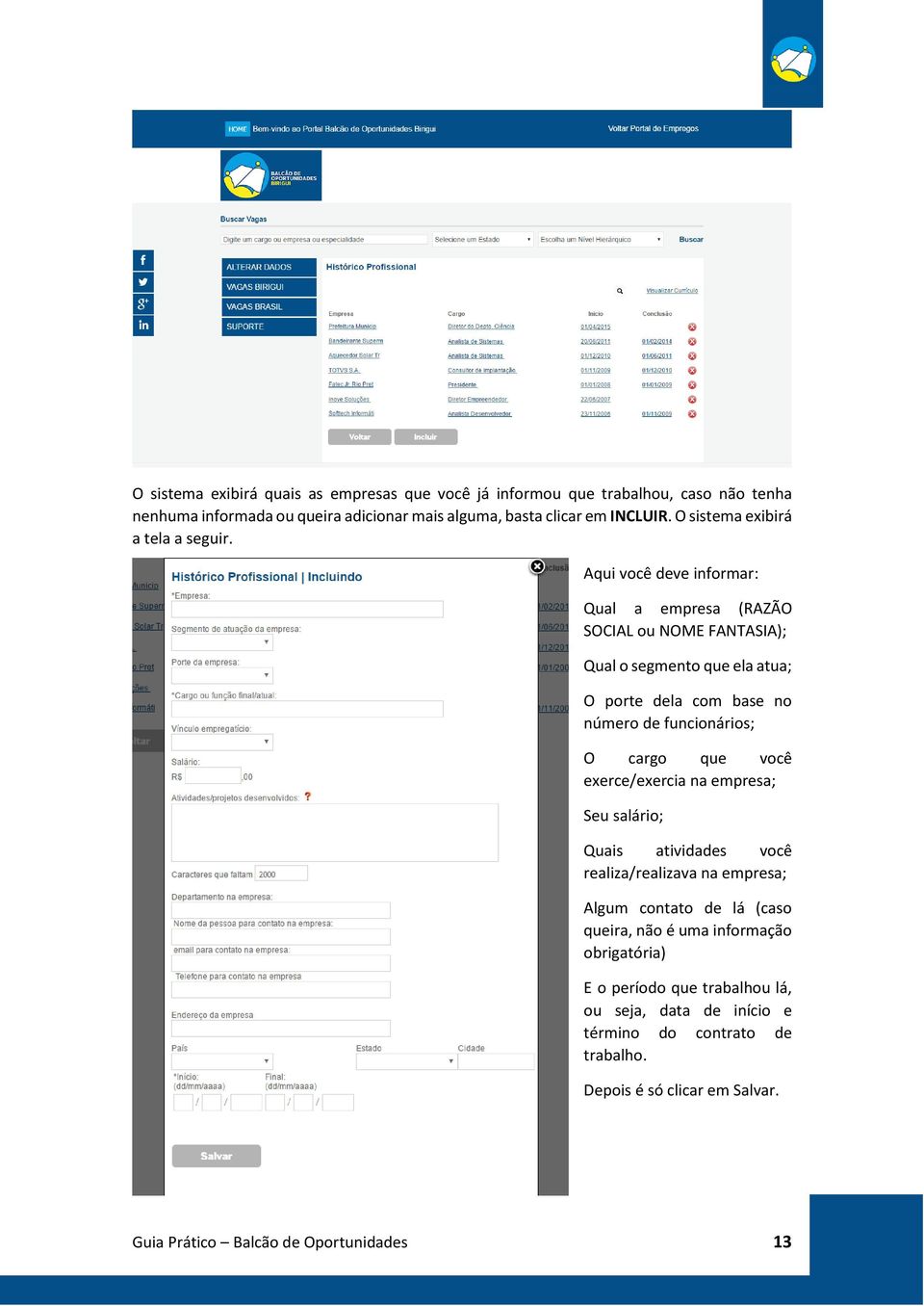 Aqui você deve informar: Qual a empresa (RAZÃO SOCIAL ou NOME FANTASIA); Qual o segmento que ela atua; O porte dela com base no número de funcionários; O cargo que você