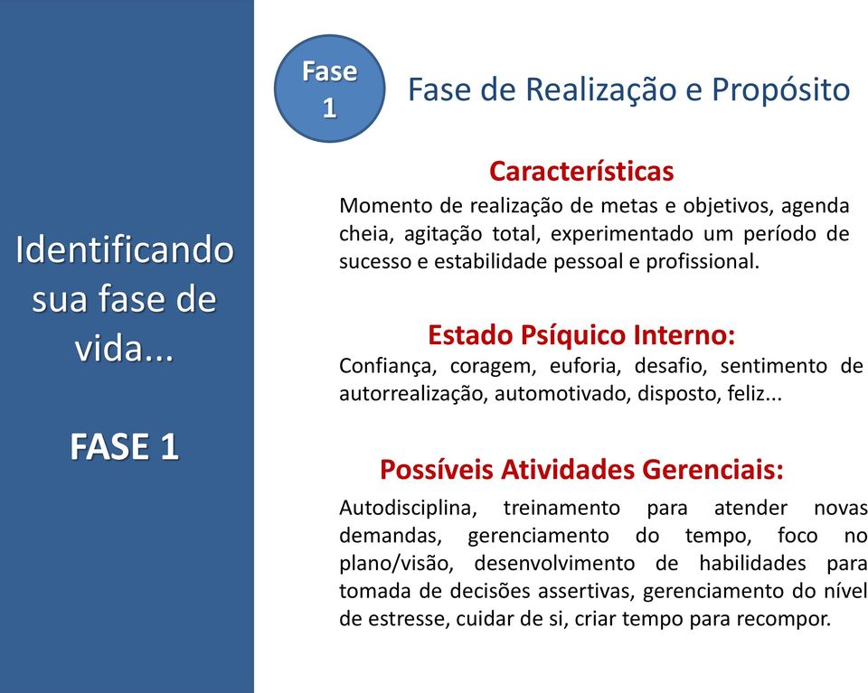 profissional. Estado Psíquico Interno: Confiança, coragem, euforia, desafio, sentimento de autorrealização, automotivado, disposto, feliz.