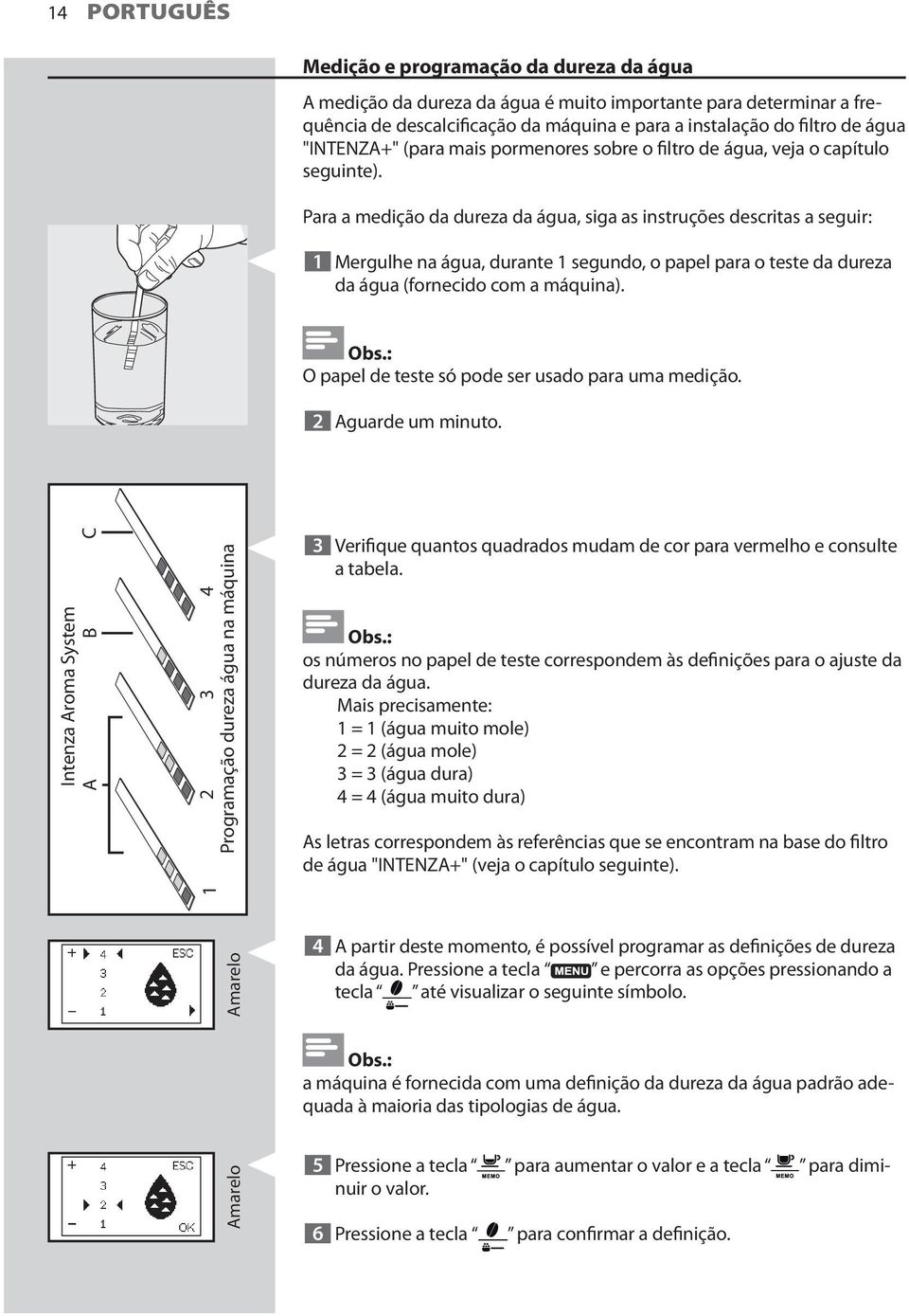 Para a medição da dureza da água, siga as instruções descritas a seguir: 1 Mergulhe na água, durante 1 segundo, o papel para o teste da dureza da água (fornecido com a máquina). Obs.