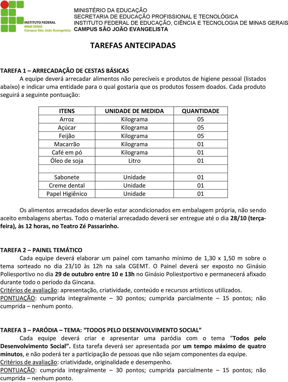 Cada produto seguirá a seguinte pontuação: ITENS UNIDADE DE MEDIDA QUANTIDADE Arroz Kilograma 05 Açúcar Kilograma 05 Feijão Kilograma 05 Macarrão Kilograma 01 Café em pó Kilograma 01 Óleo de soja