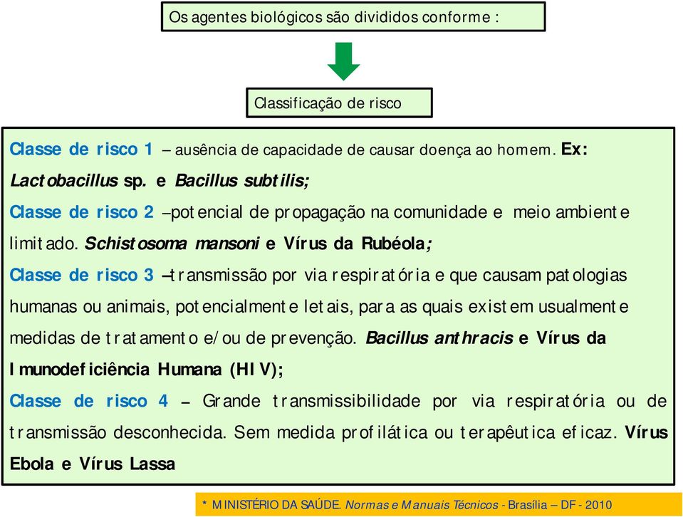 Schistosoma mansoni e Vírus da Rubéola; Classe de risco 3 transmissão por via respiratória e que causam patologias humanas ou animais, potencialmente letais, para as quais existem usualmente medidas