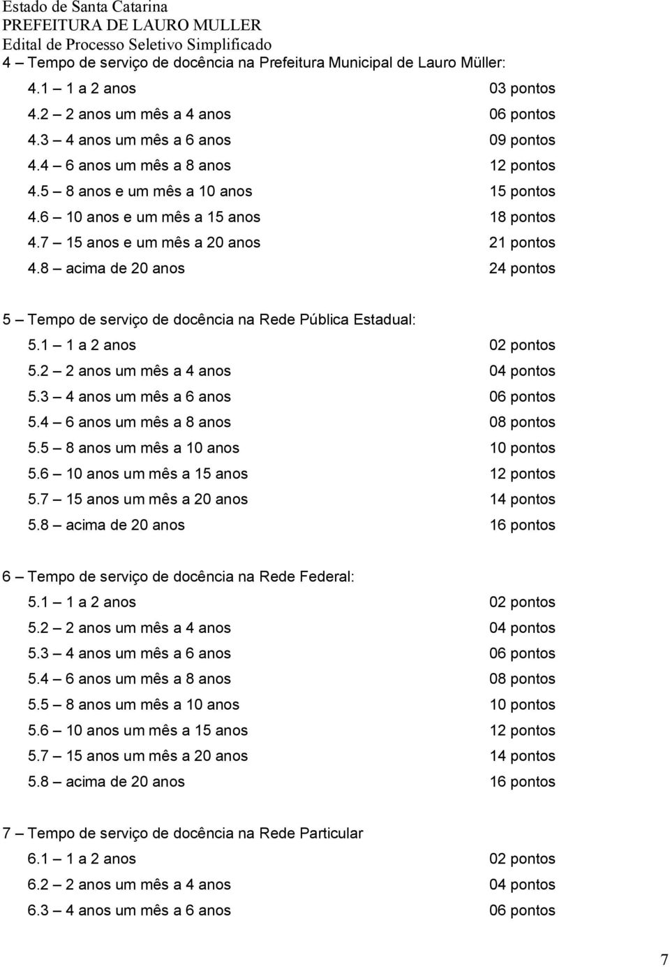 8 acima de 20 anos 24 pontos 5 Tempo de serviço de docência na Rede Pública Estadual: 5.1 1 a 2 anos 02 pontos 5.2 2 anos um mês a 4 anos 04 pontos 5.3 4 anos um mês a 6 anos 06 pontos 5.