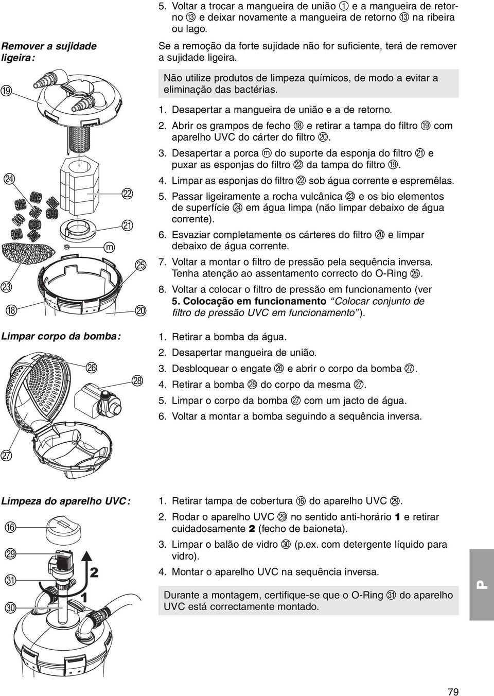 I Não utilize produtos de limpeza químicos, de modo a evitar a eliminação das bactérias. 1. Desapertar a mangueira de união e a de retorno. 2.