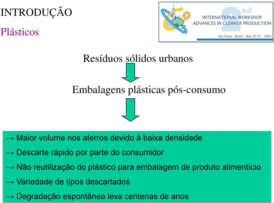 por parte do consumidor Não reutilização do plástico para embalagem de