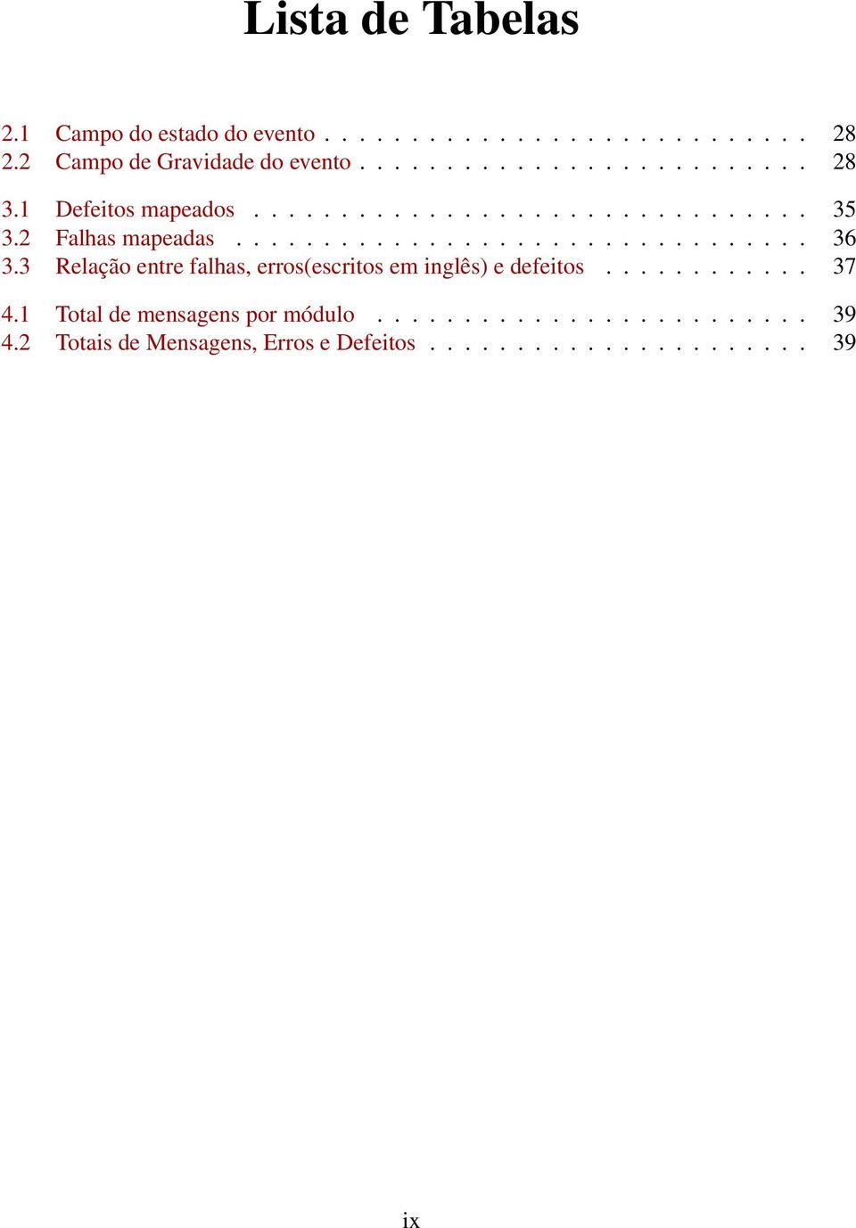 3 Relação entre falhas, erros(escritos em inglês) e defeitos............ 37 4.1 Total de mensagens por módulo......................... 39 4.