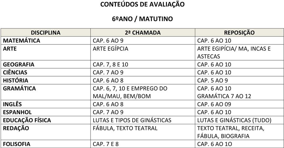 6 AO 10 7 AO 12 INGLÊS CAP. 6 AO 8 CAP. 6 AO 09 ESPANHOL CAP. 7 AO 9 CAP.