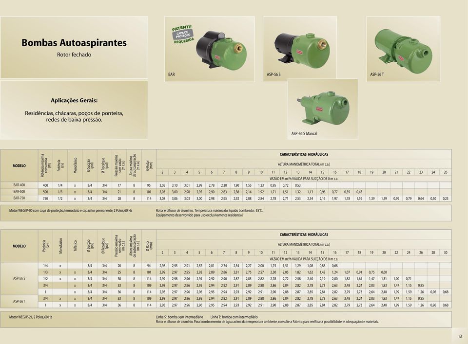 VÁLIDA PARA SUCÇÃO DE m c.a.,9,7,,7,,,,7,7,,,9,77,,97 7,9,7,,9 9,9,9,99,79,,, Motor WEG IP- com capa de proteção, termostato e capacitor permanente, Polos, Hz Rotor e difusor de alumínio.