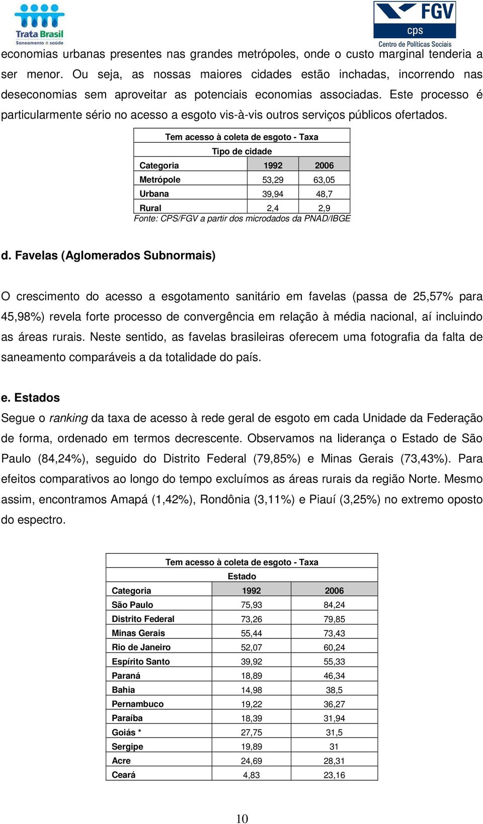 Este processo é particularmente sério no acesso a esgoto vis-à-vis outros serviços públicos ofertados.