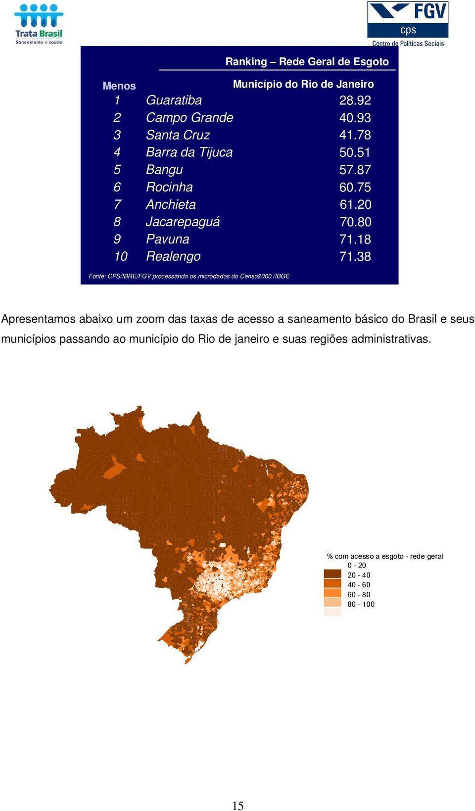 38 Fonte: CPS/IBRE/FGV processando os microdados do Censo2000 /IBGE Apresentamos abaixo um zoom das taxas de acesso a saneamento básico