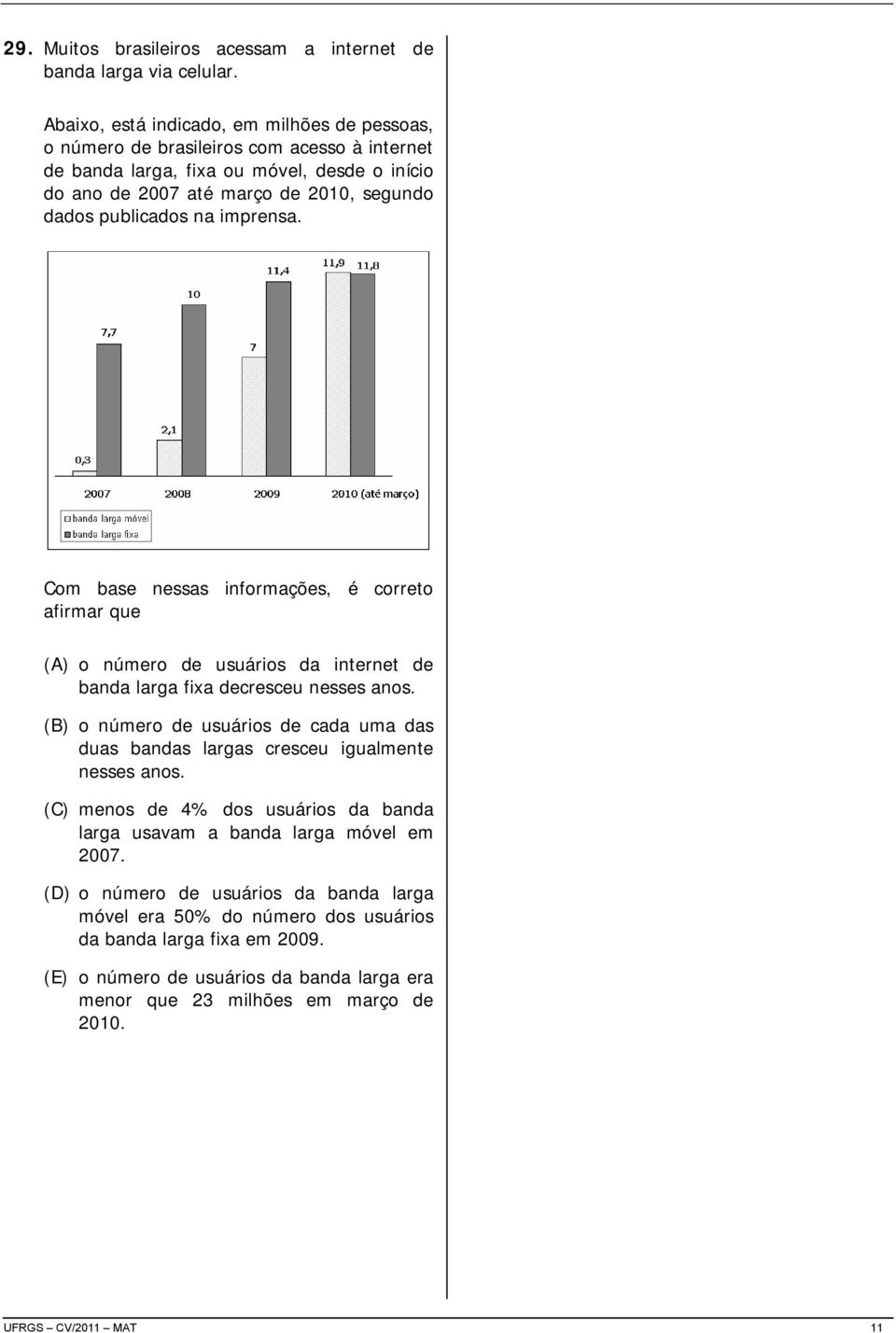 na imprensa. Com base nessas informações, é correto afirmar que (A) o número de usuários da internet de banda larga fixa decresceu nesses anos.