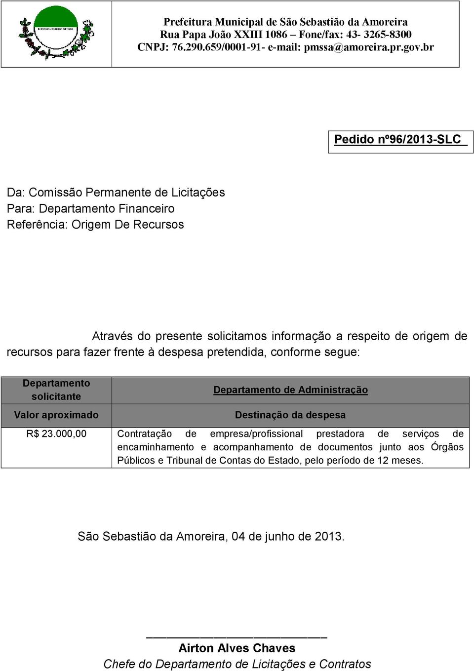 aproximado Destinação da despesa R$ 23.