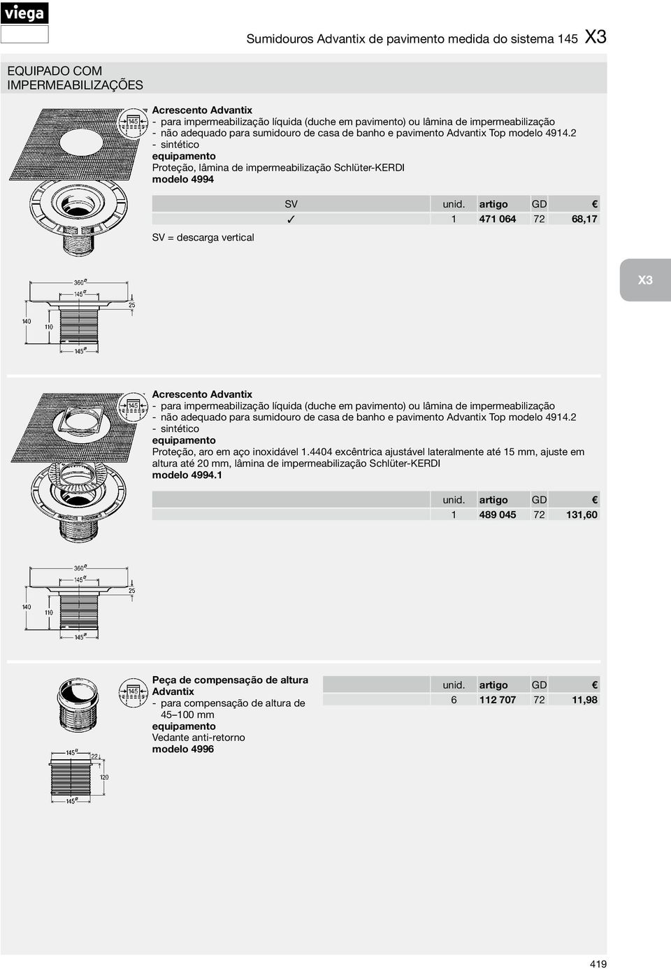 artigo GD 1 471 064 72 68,17 X3 Acrescento Advantix para impermeabilização líquida (duche em pavimento) ou lâmina de impermeabilização não adequado para sumidouro de casa de banho e pavimento