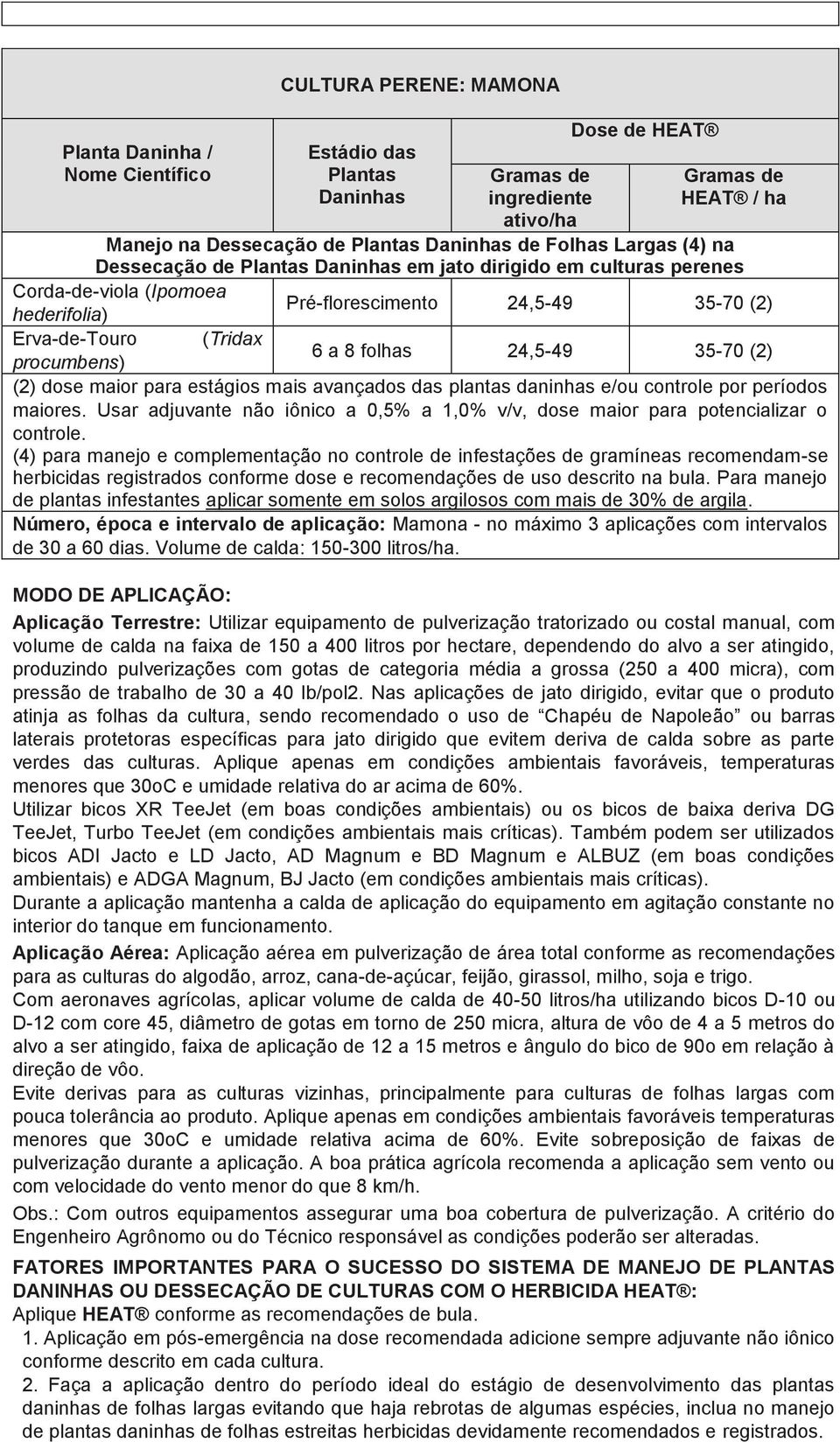 dose maior para estágios mais avançados das plantas daninhas e/ou controle por períodos maiores. Usar adjuvante não iônico a 0,5% a 1,0% v/v, dose maior para potencializar o controle.