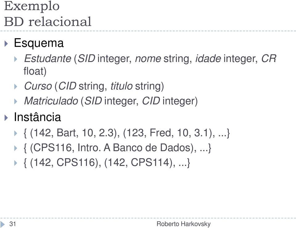 integer, CID integer) Instância { (142, Bart, 10, 2.3), (123, Fred, 10, 3.