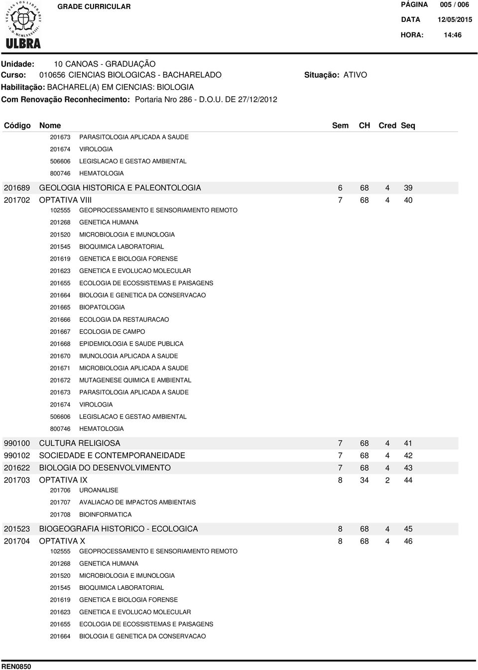 DE //0 0 0 00 09 00 GEOLOGIA HISTORICA E PALEONTOLOGIA OPTATIVA VIII 0 GEOPROCESSAMENTO E SENSORIAMENTO REMOTO 9 0 0 00 0 09 0 0 0 0 0 0 0 00 0 0 0 0 00