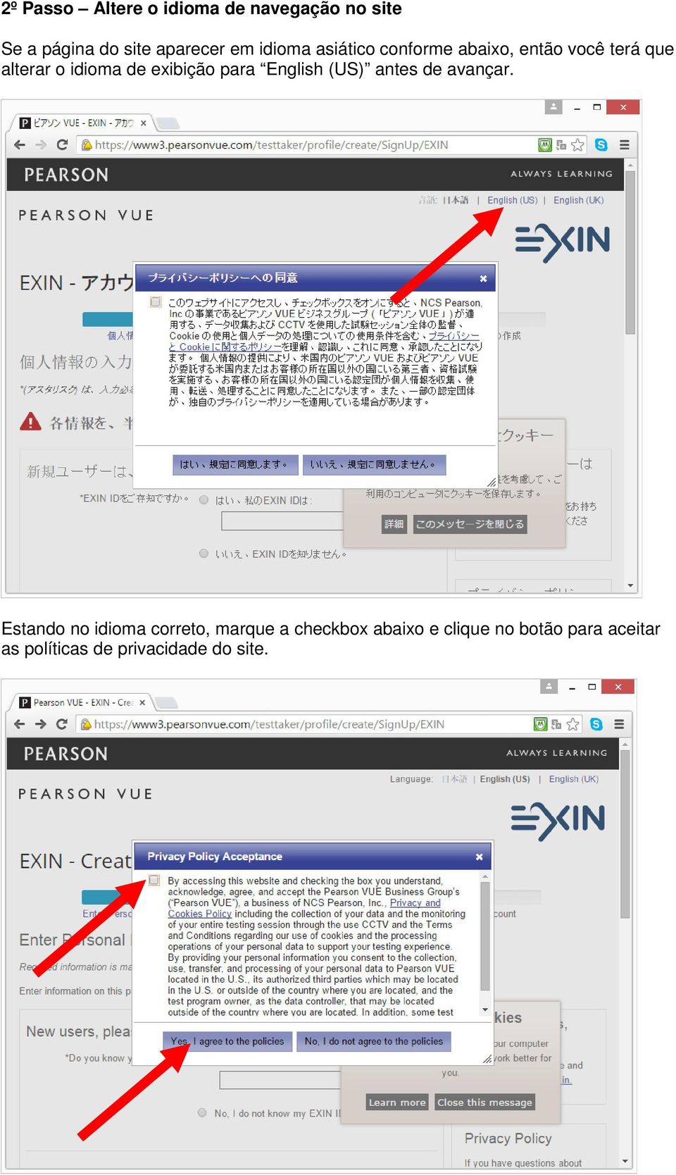 exibição para English (US) antes de avançar.