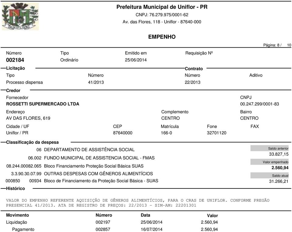 065 Bloco Financiamento Proteção Social Básica SUAS 3.3.90.30.07.99 OUTRAS DESPESAS COM GÊNEROS ALIMENTÍCIOS 000850 00934 Bloco de Financiamento da Proteção Social Básica - SUAS 33.