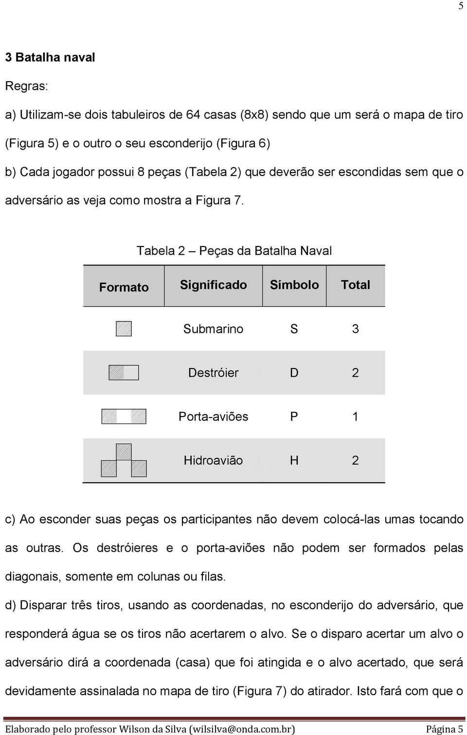 Tabela 2 Peças da Batalha Naval Formato Significado Símbolo Total + Submarino S 3 +- Destróier D 2 +-+ Porta-aviões P 1 + +-+ Hidroavião H 2 c) Ao esconder suas peças os participantes não devem