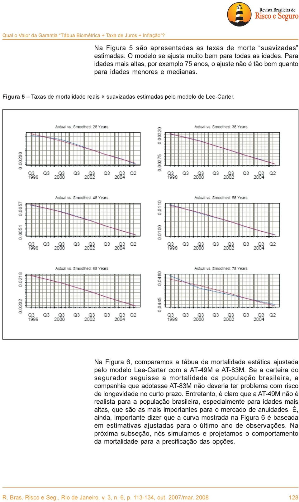 Na Figura 6, comparamos a tábua de mortalidade estática ajustada pelo modelo Lee-Carter com a AT-49M e AT-83M.