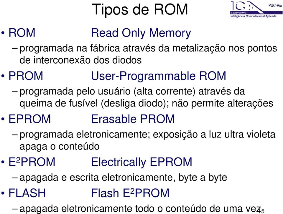 alterações EPROM Erasable PROM programada eletronicamente; exposição a luz ultra violeta apaga o conteúdo E 2 PROM