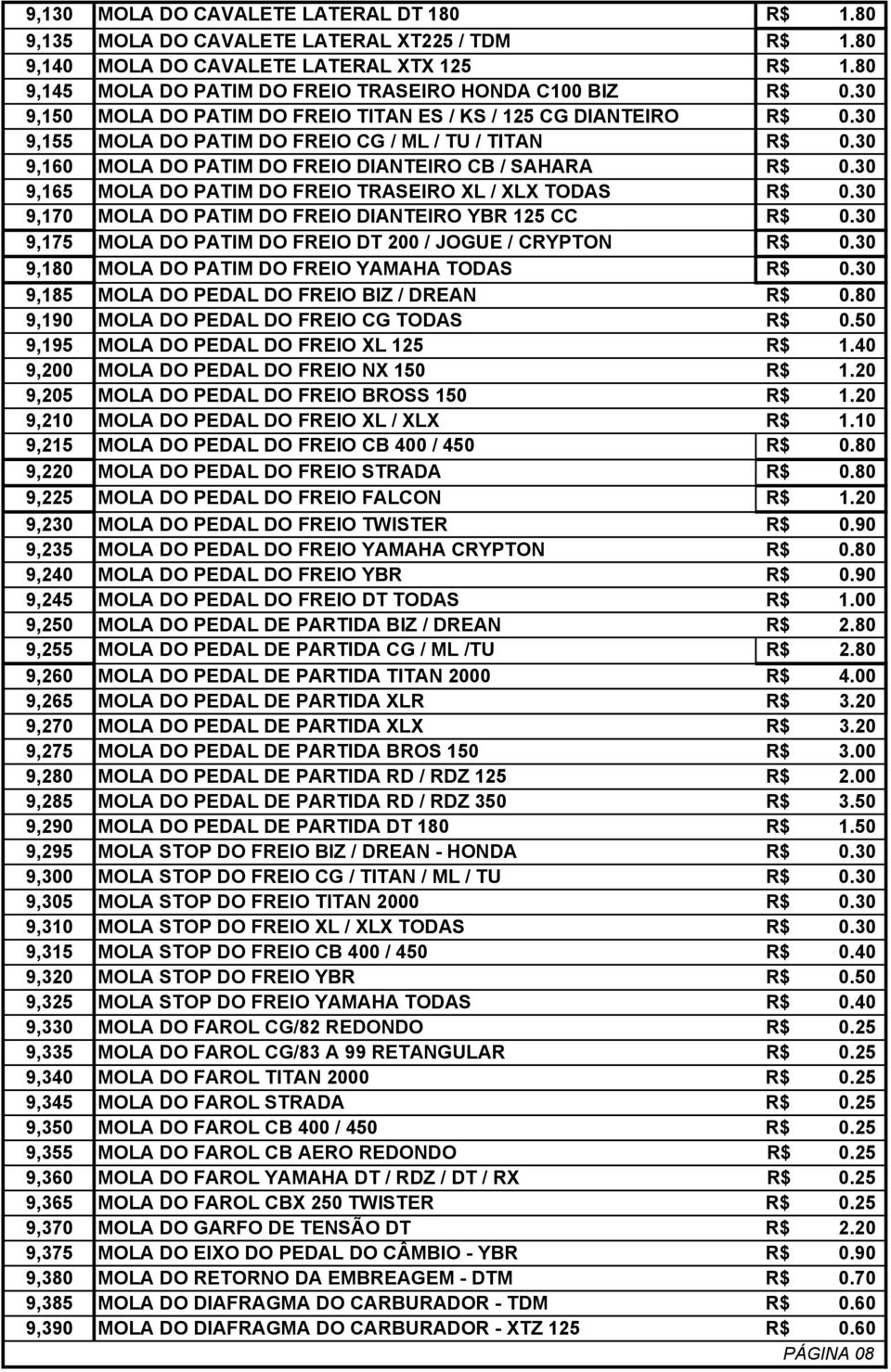 30 9,160 MOLA DO PATIM DO FREIO DIANTEIRO CB / SAHARA R$ 0.30 9,165 MOLA DO PATIM DO FREIO TRASEIRO XL / XLX TODAS R$ 0.30 9,170 MOLA DO PATIM DO FREIO DIANTEIRO YBR 125 CC R$ 0.