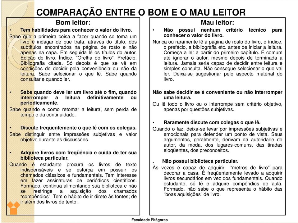 Em seguida lê os títulos do autor. Edição do livro. Índice. Orelha do livro. Prefácio. Bibliografia citada. Só depois é que se vê em condições de decidir pela conveniência ou não da leitura.