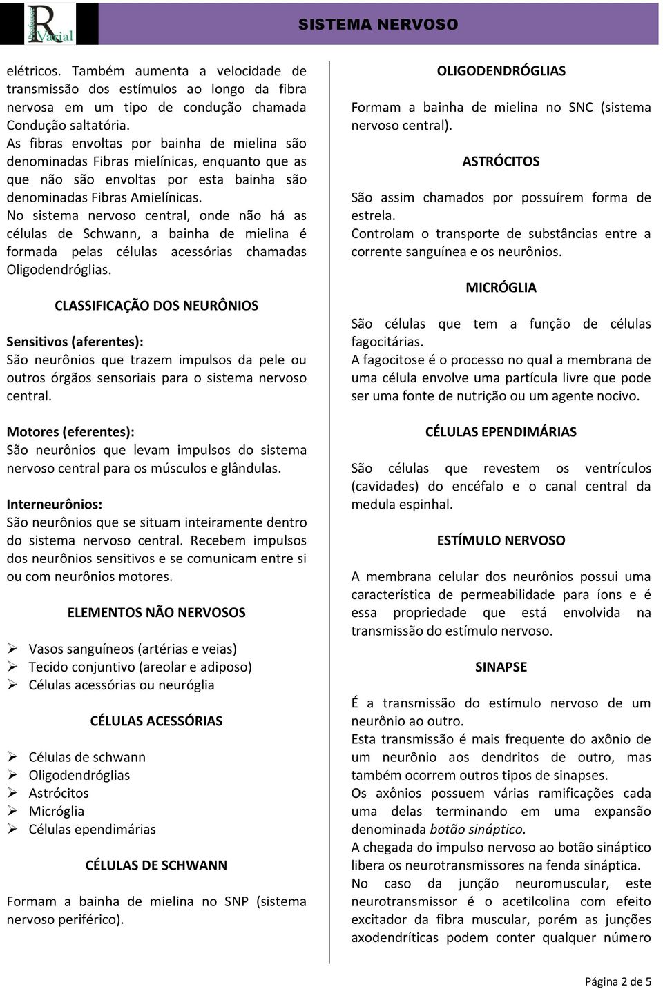 No sistema nervoso central, onde não há as células de Schwann, a bainha de mielina é formada pelas células acessórias chamadas Oligodendróglias.