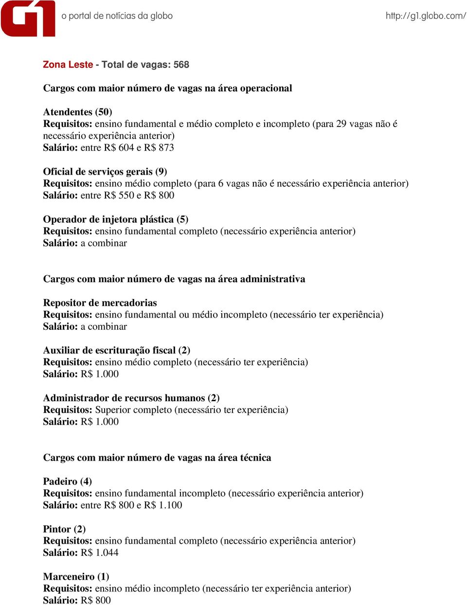 mercadorias Requisitos: ensino fundamental ou médio incompleto (necessário ter experiência) Auxiliar de escrituração fiscal (2) Salário: R$ 1.