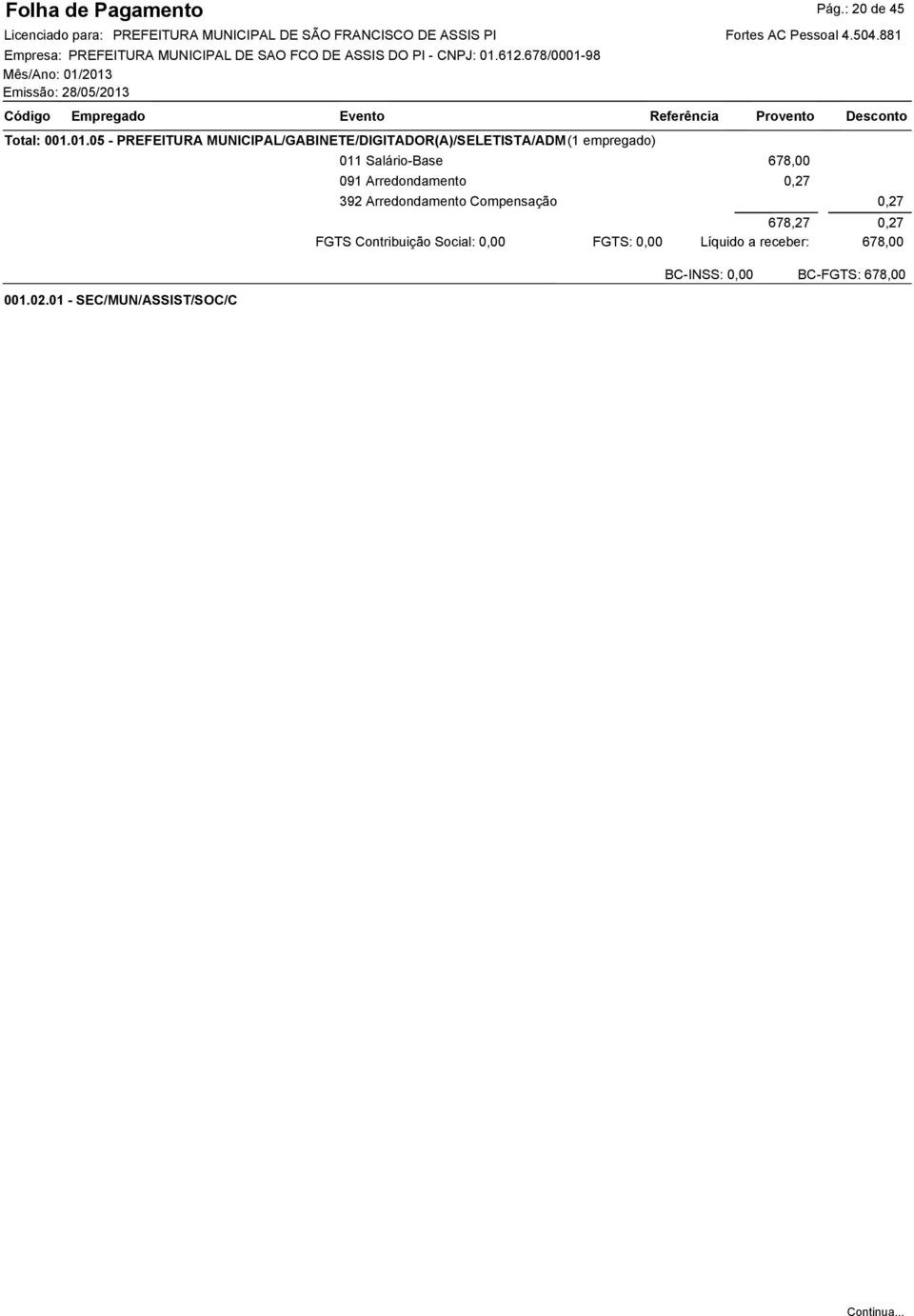 678/-98 Mês/Ano: /3 Emissão: 8/5/3 Fortes AC Pessoal 4.54.88 Total:.