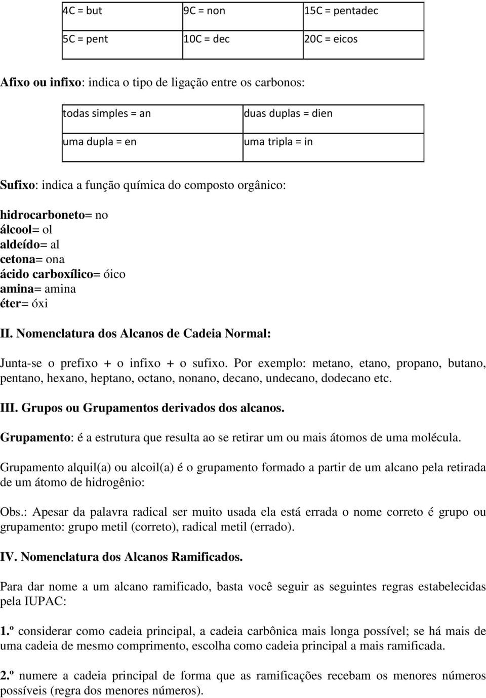 Nomenclatura dos Alcanos de Cadeia Normal: Junta-se o prefixo + o infixo + o sufixo.