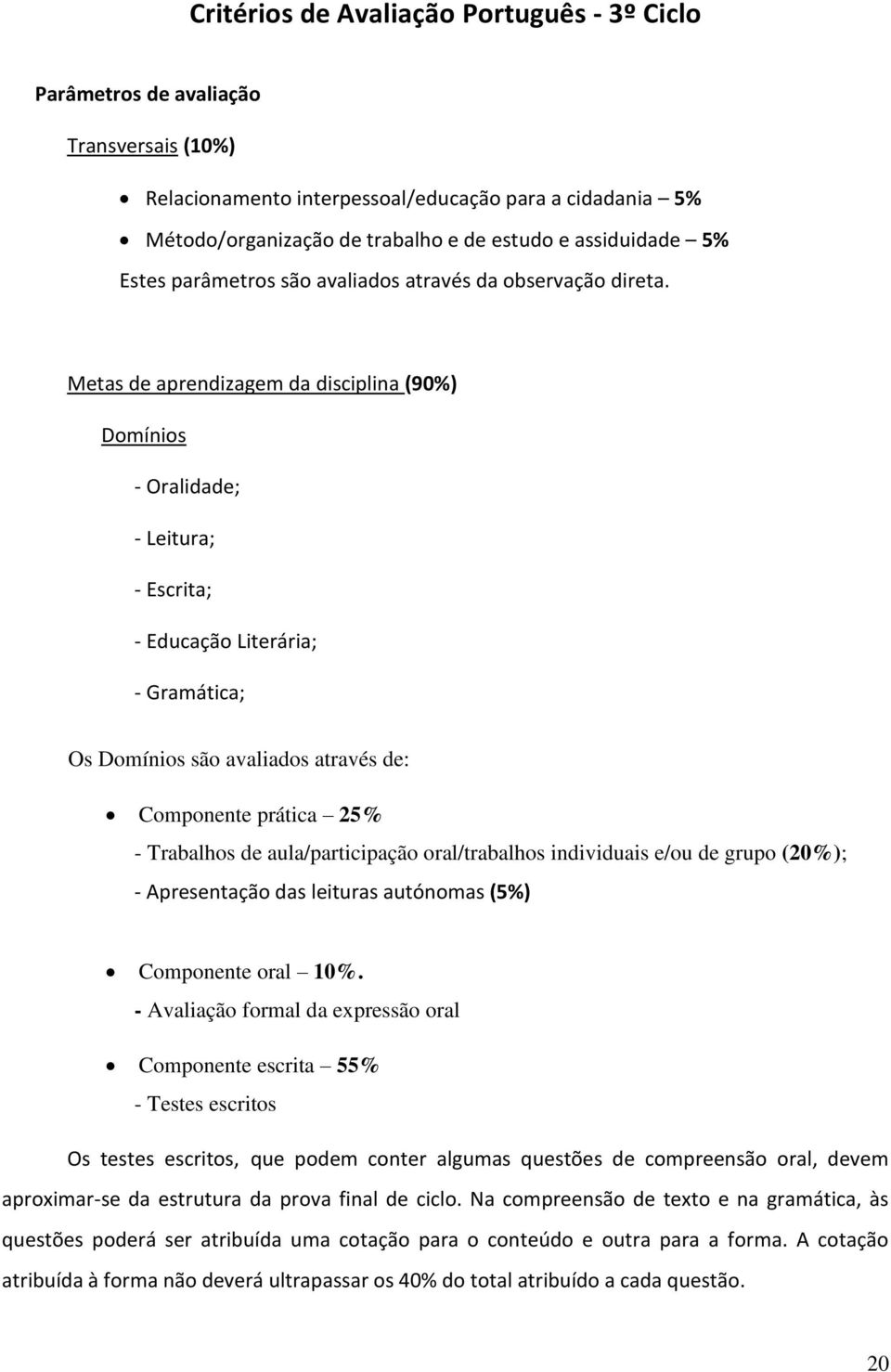 Metas de aprendizagem da disciplina (90%) Domínios - Oralidade; - Leitura; - Escrita; - Educação Literária; - Gramática; Os Domínios são avaliados através de: Componente prática 25% - Trabalhos de