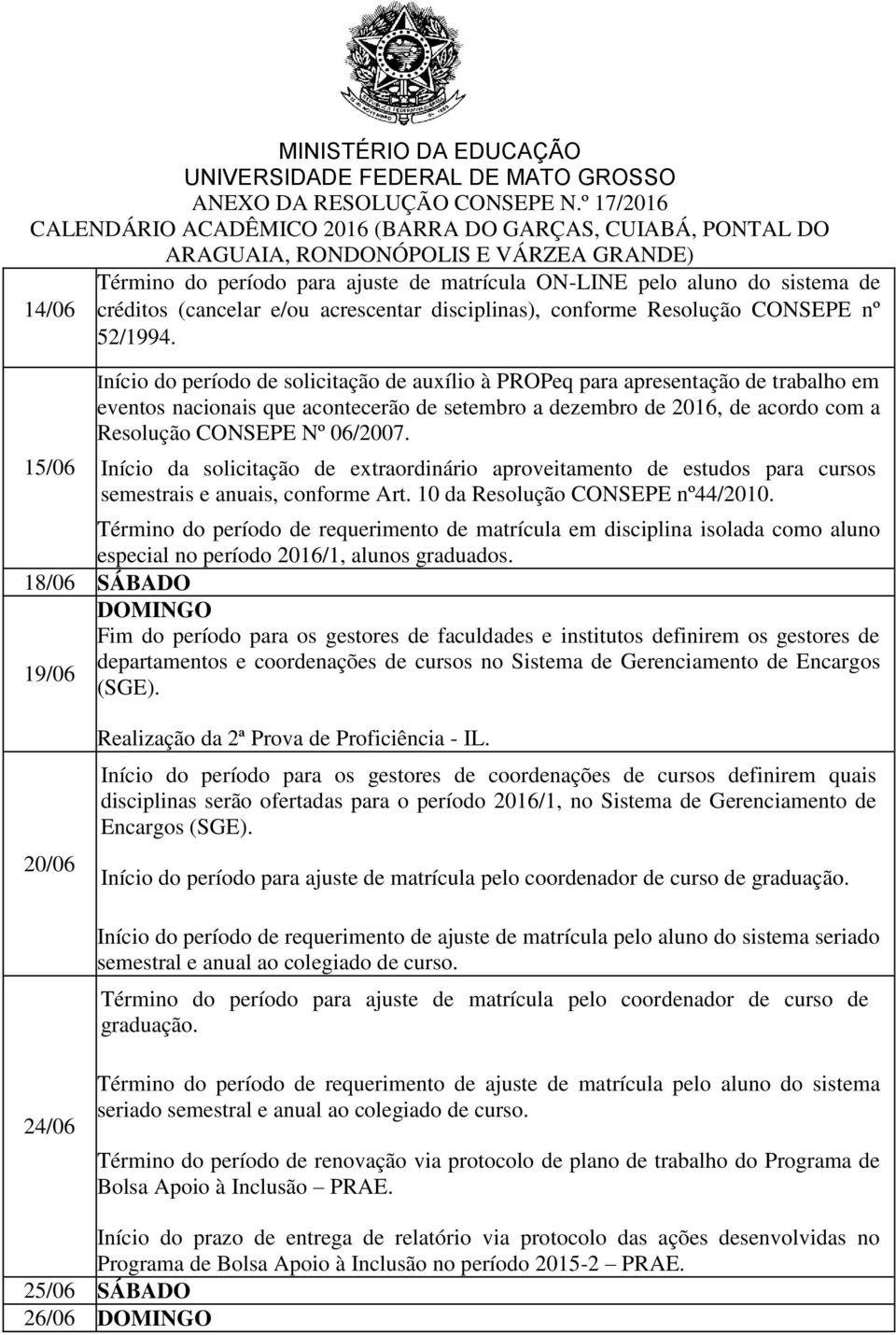 06/2007. Início da solicitação de extraordinário aproveitamento de estudos para cursos semestrais e anuais, conforme Art. 10 da Resolução CONSEPE nº44/2010.