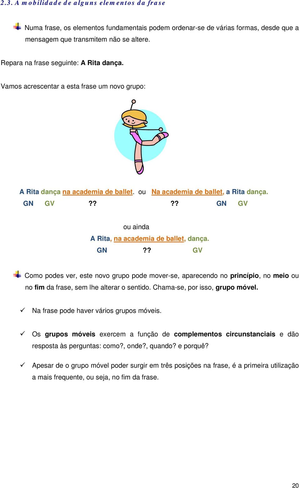 ??? GN GV ou ainda A Rita, na academia de ballet, dança. GN?? GV Como podes ver, este novo grupo pode mover-se, aparecendo no princípio, no meio ou no fim da frase, sem lhe alterar o sentido.