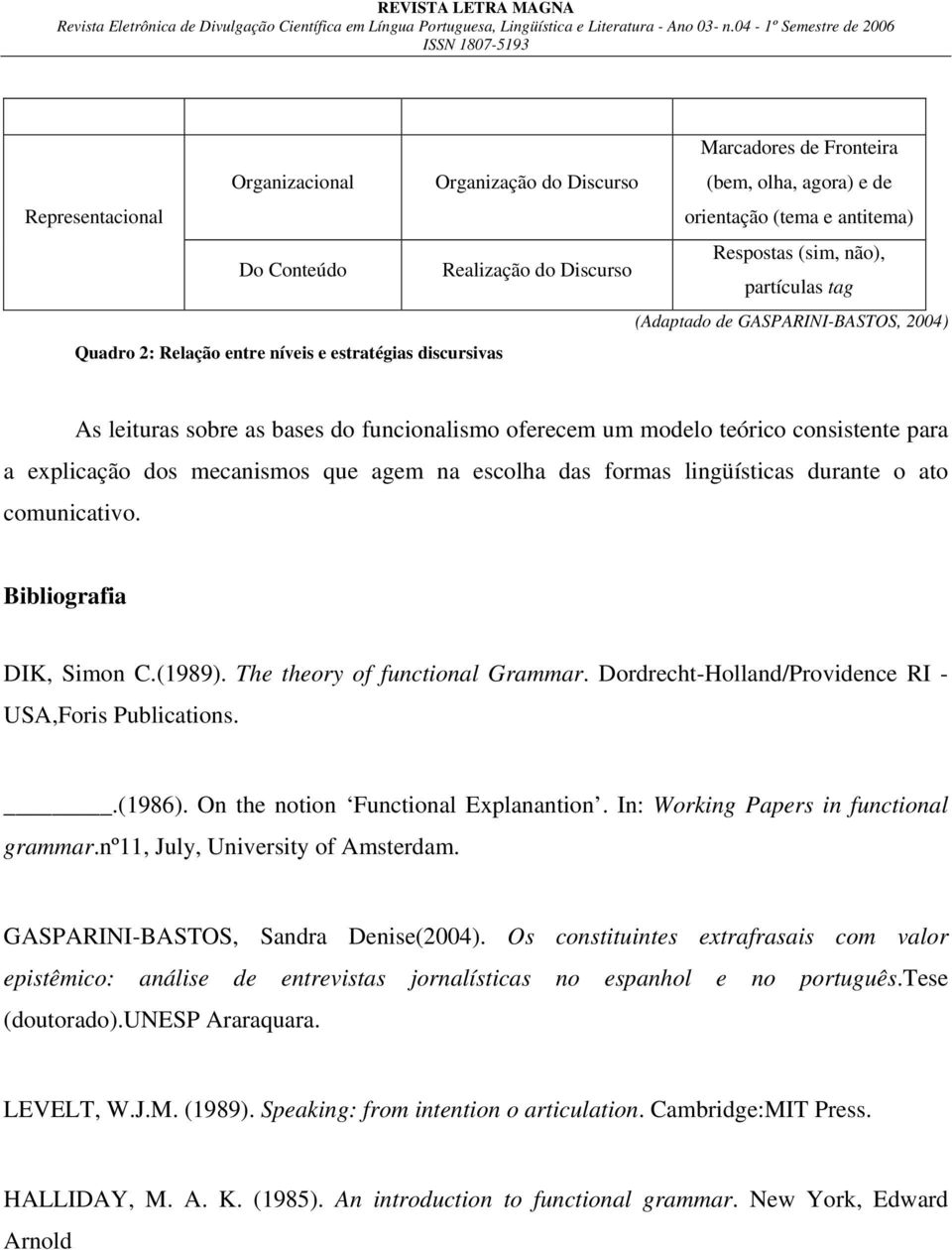 explicação dos mecanismos que agem na escolha das formas lingüísticas durante o ato comunicativo. Bibliografia DIK, Simon C.(1989). The theory of functional Grammar.