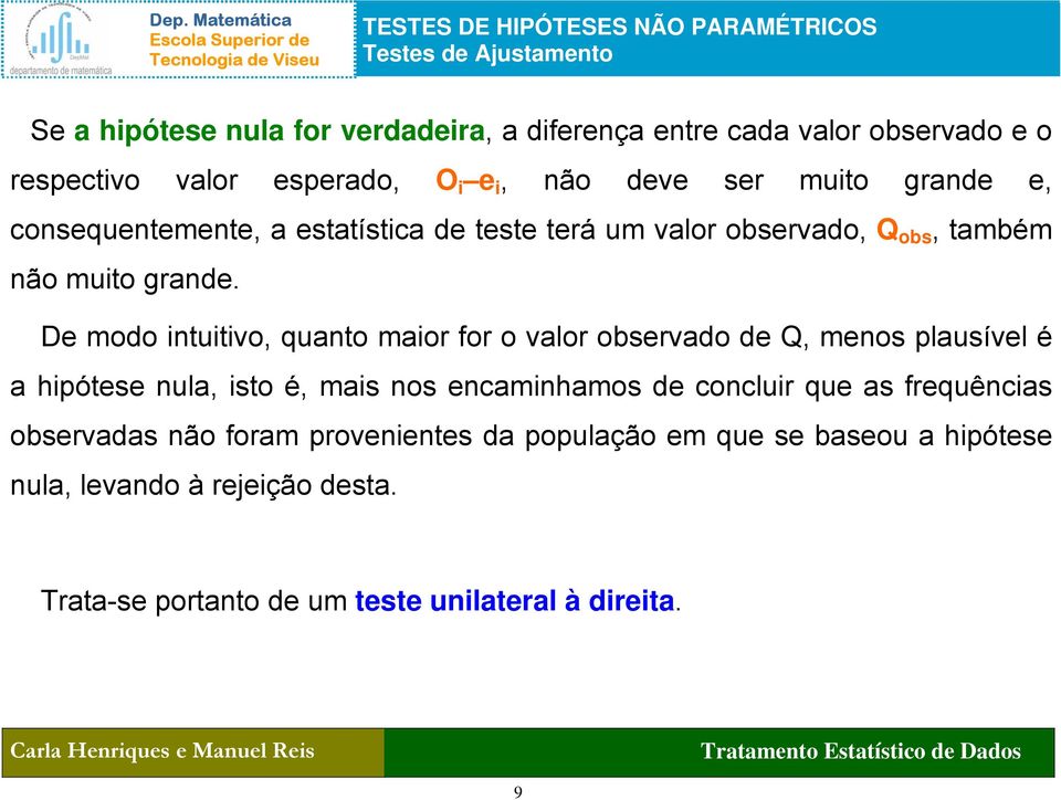 De modo intuitivo, quanto maior for o valor observado de Q, menos plausível é a hipótese nula, isto é, mais nos encaminhamos de concluir que as