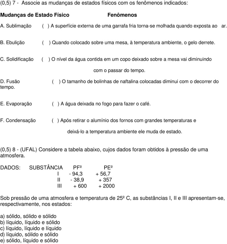 Solidificação ( ) O nível da água contida em um copo deixado sobre a mesa vai diminuindo com o passar do tempo. D.