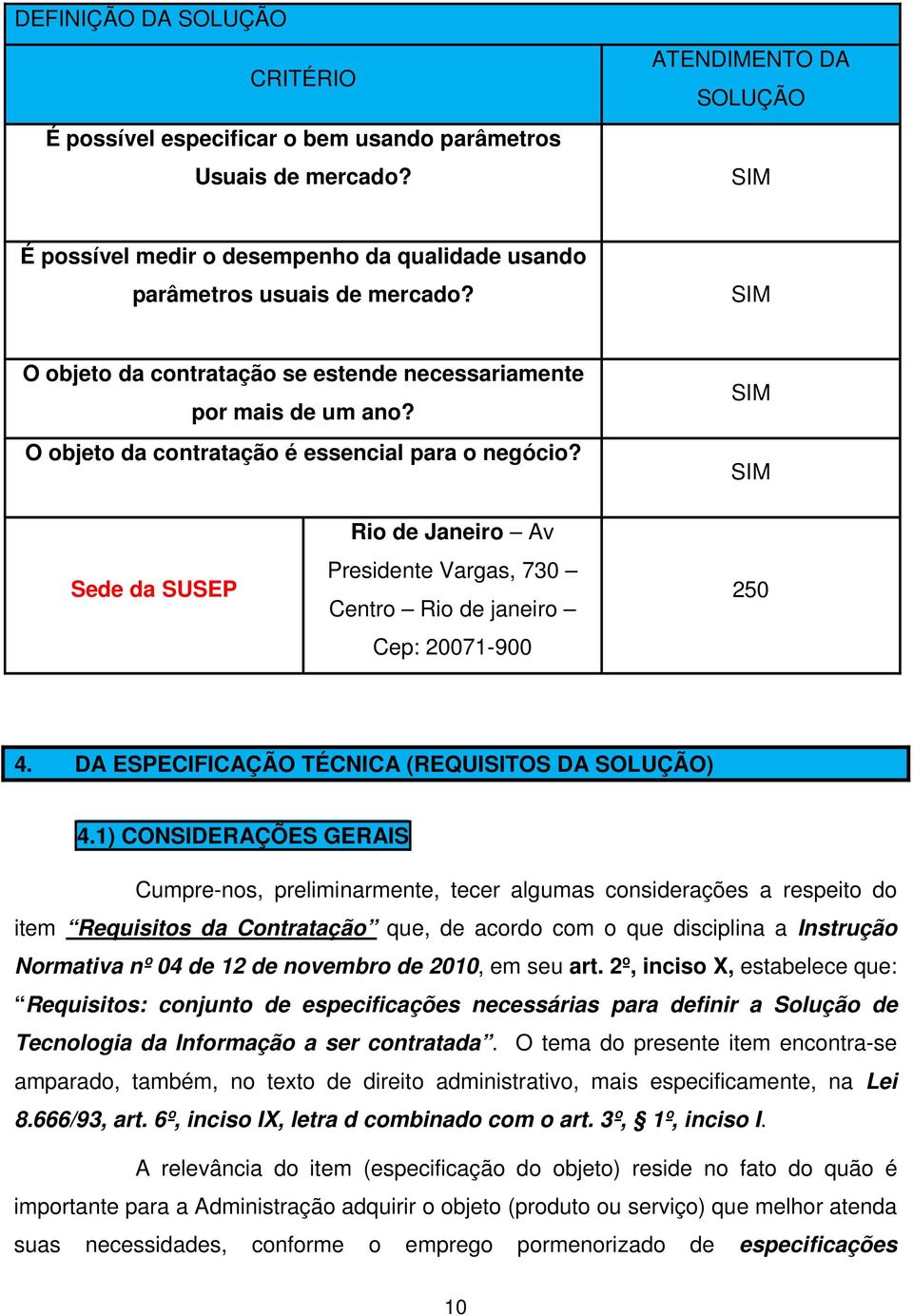 O objeto da contratação é essencial para o negócio? SIM SIM Sede da SUSEP Rio de Janeiro Av Presidente Vargas, 730 Centro Rio de janeiro Cep: 20071-900 250 4.